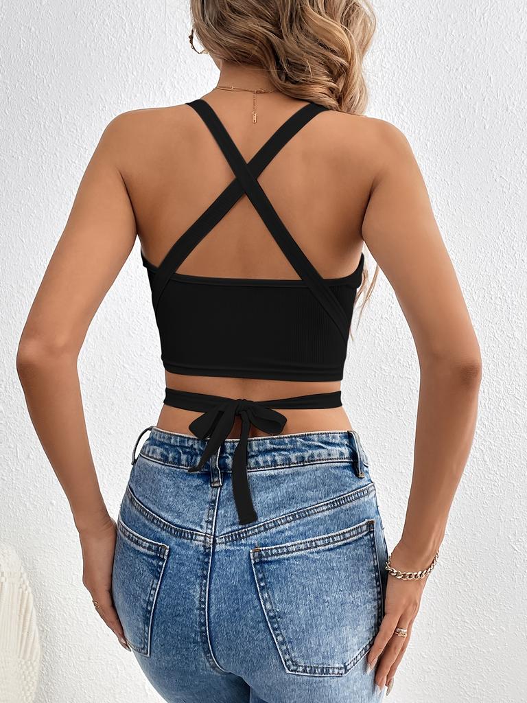Square Neck Ribbed Tank Top Spaghetti Strap Crop Tops Women Summer Knitting Cross Belt Camis Fashion Tube Female Sleeveless Cropped Vest Y2K Clothes