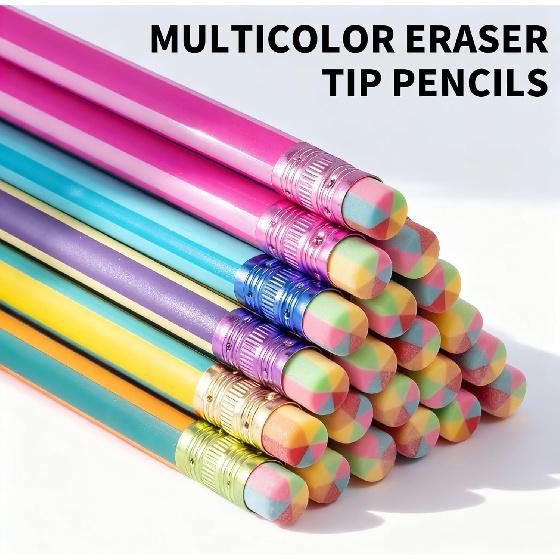 M&G Aurora Series 24 Pack HB Triangular Wood-Cased Pencils, Unsharpened with Erasers, Smooth Writing Break-Resistant Core, 6 Two-Tone Striped Colors