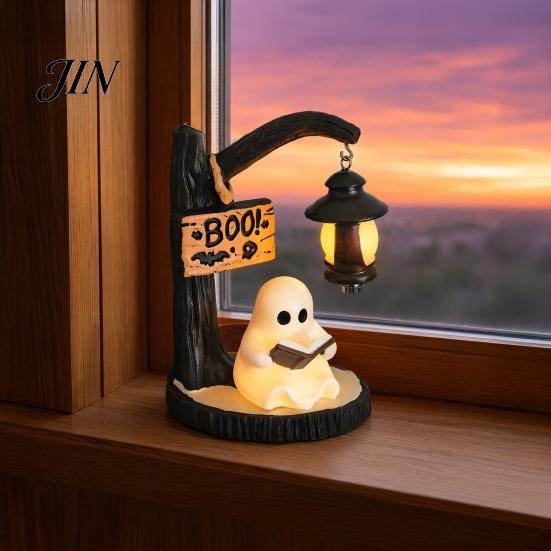 Gothic Witch Halloween Decoration Witch/Ghost LED Lamp, Resin Ornament with Warm Light for Home Decor Decor, Desktop Spooky Night Party Mysterious