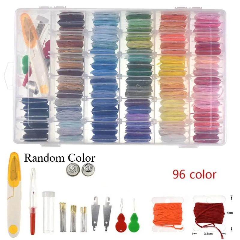 100/96 Colors High Tenacity Embroidery Thread Set Cross Stitch Sewing Thread with Floss Bins&Scissors Thimble Cross Stitch Tool