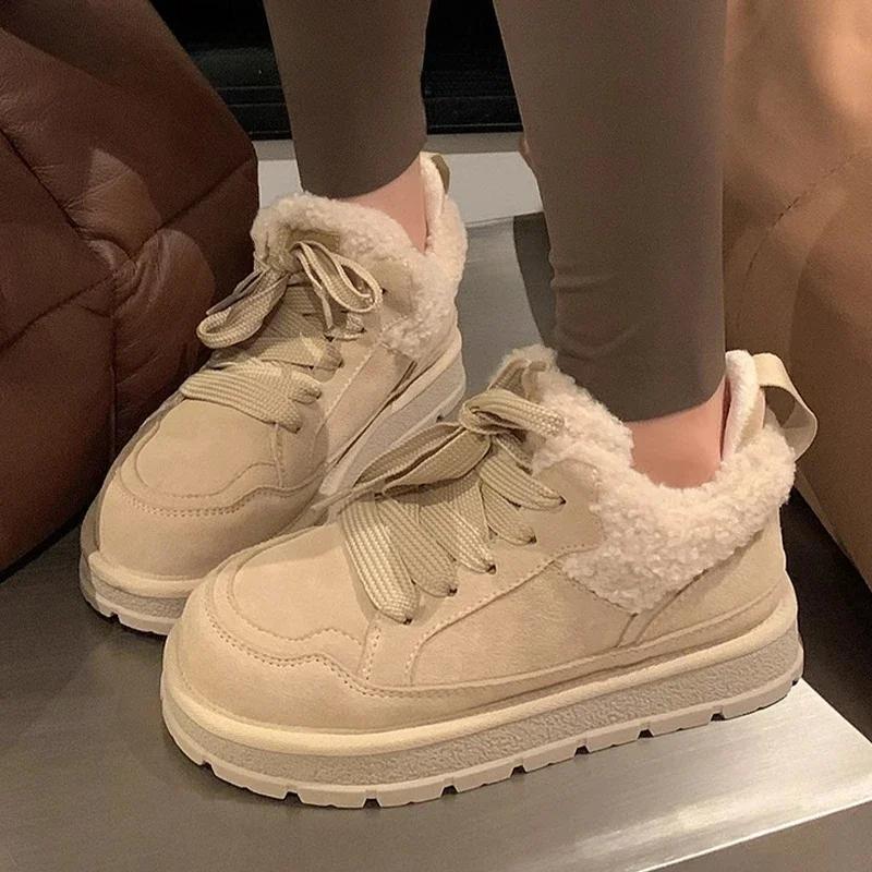 Platform Women Fur Ankle Boots Suede Flats Warm Shoes Casual Snow Boots Woman Trend Short Plush Cozy Sneakers