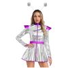 Halloween Space Party Dress for Women S-XXL, Glossy Metallic Alien Astronaut A-line Cosplay with Long Sleeve & Hair Hoop
