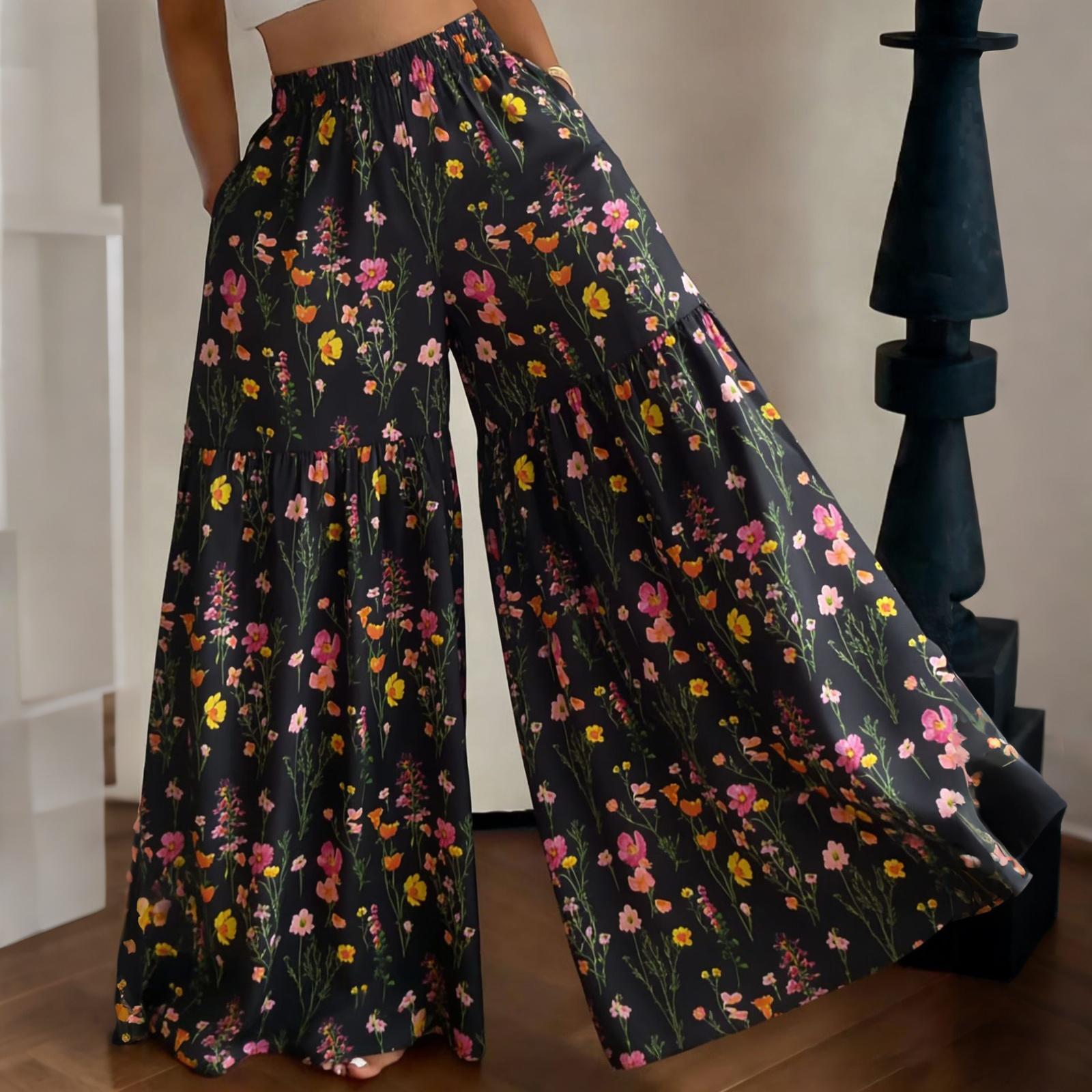 

Women s High Waist Wide Leg Pants Loose Fit Lightweight Floral Print Casual Palazzo Trousers with Elastic Waistband and Side Pockets XXL розовый