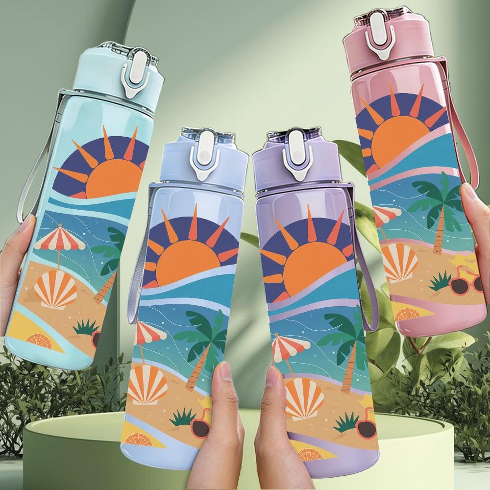 1PC Sunset Beach Palm Tropical Scenery Print 750ml Color Plastic Sports Water Bottle Leakproof Flip Straw Lid Suitable for Sports Office Home Use