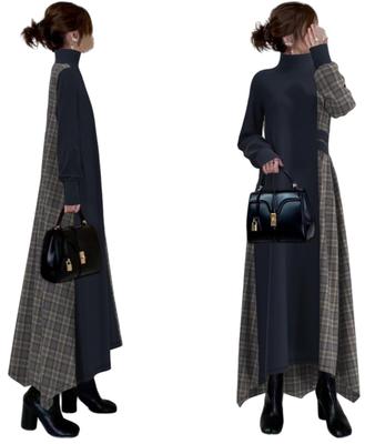 YUANYUAN Checkered Sweater Long High Loose Perfect for Everyday Size Women's Dress, Winter/Autumn Wear, Color-Matching, Sleeves, Neck, Zip-Up, Cute,