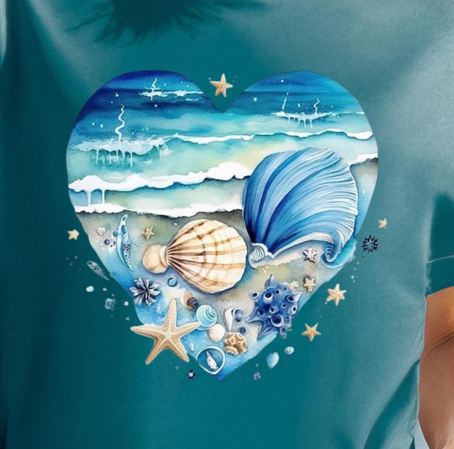 Seashell Heart Ocean Scene T-shirt | Beach Wave Shell Tee, Nautical Summerwear 4XL