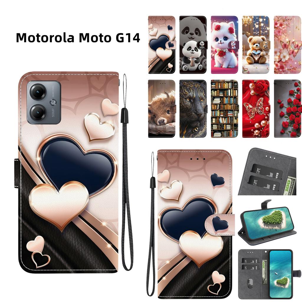 Handmade PU Leather Flip Case for Motorola Moto G14 Anti-Slip Shockproof Cover with Wrist Strap & Heart/Rose Cat Designs