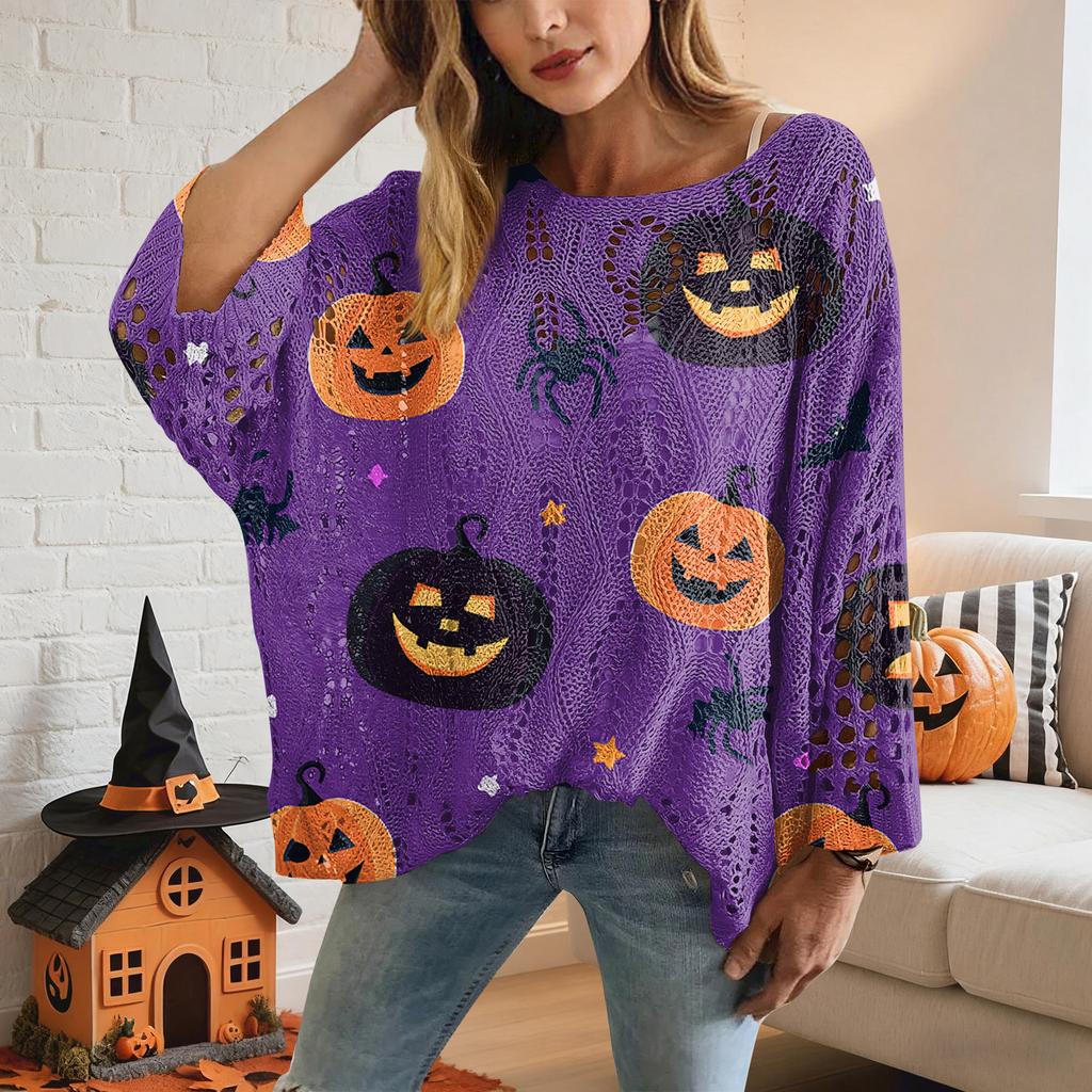 Halloween Crochet Pumpkin Sweater Women, Oversized Pumpkin Knit Pullover,Witch Hat Cozy Fall Sweater