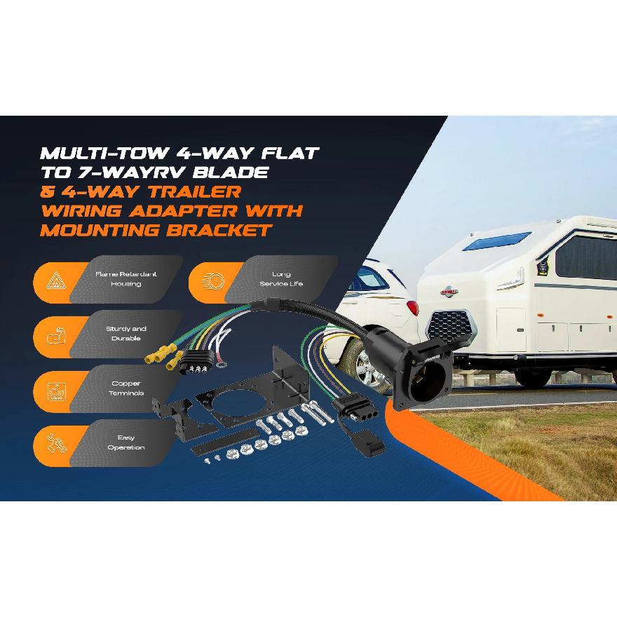 4 Way To 7 Way RV Blade & 4 Way Flat Trailer Wiring Adapter Dual Output Connector Kit with Mounting Bracket for Truck RV Trailer