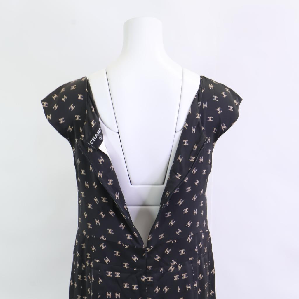 CHANEL [Excellent Condition] P44329V32715 CC Logos All-Over Print 100% Silk Sleeveless Top dress 38 blackUsed