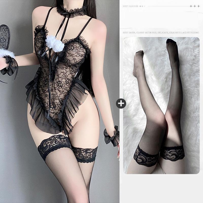 Sexy Crotchless Lingerie Women Hollow Lace Open Porno Bodysuit Erotic Pajamas Teddy Babydoll Dress Deep V Open Bra Underwear Set