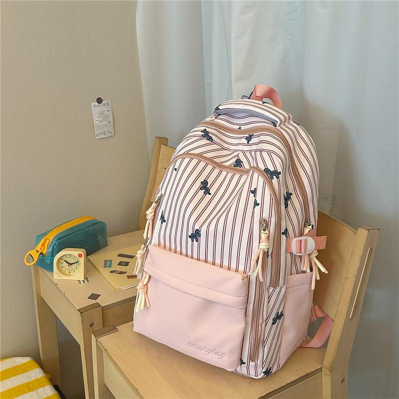 Striped Backpack with Horse Pattern and Front Pocket for School and Daily Use