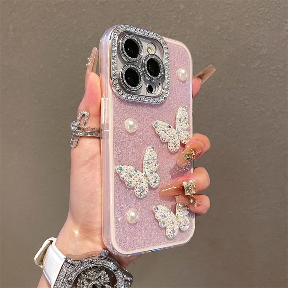 

Блестящий глиттерный жемчужный силиконовый чехол-бабочка для iPhone 16 15 14 13 12 11 Pro Max Plus Роскошный защитный противоударный чехол For iPhone 11Pro Max розовый