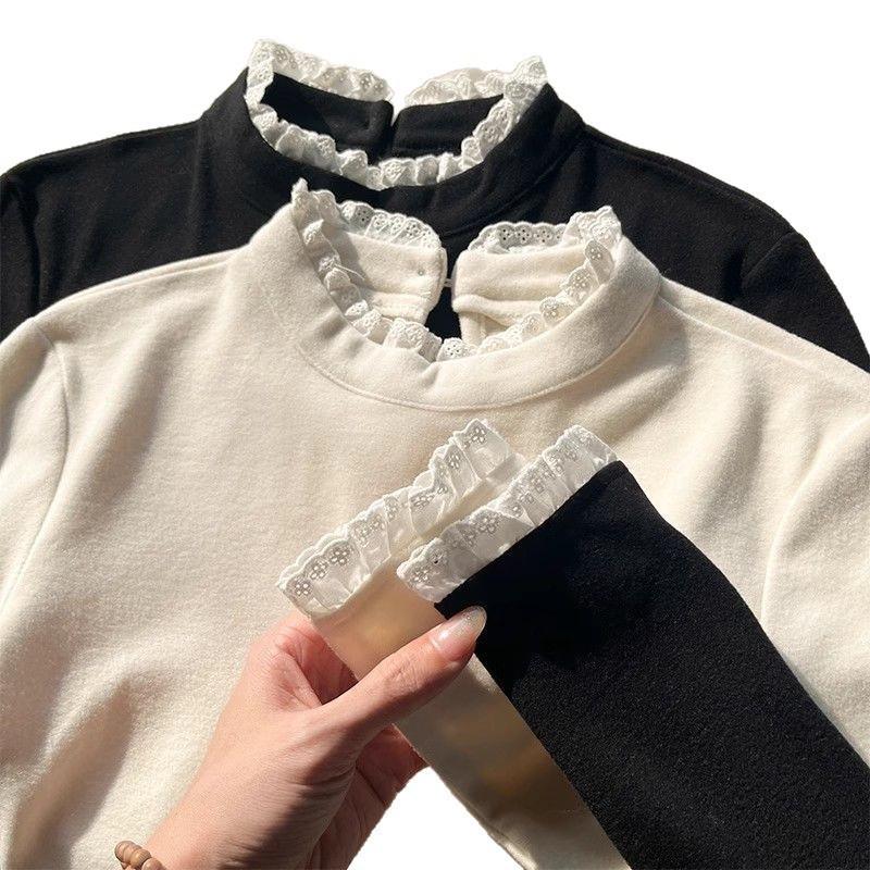 Women's 2025 Fall/Winter High Neck Lace Trim Fleece T-shirt - Slim Fit Long Sleeve Base Layer