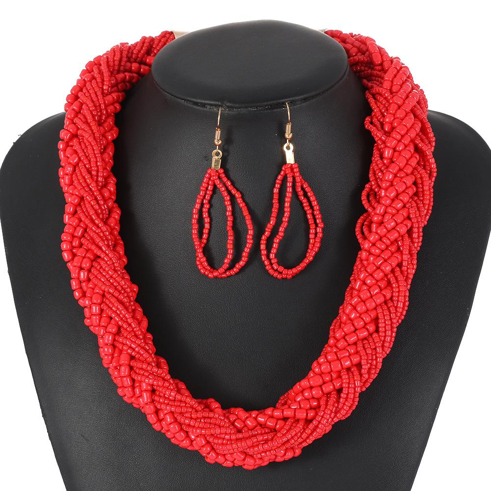 Bohemian Style European Colorful Multi-layer Rice Beads Handmade Woven Necklace Earrings Set