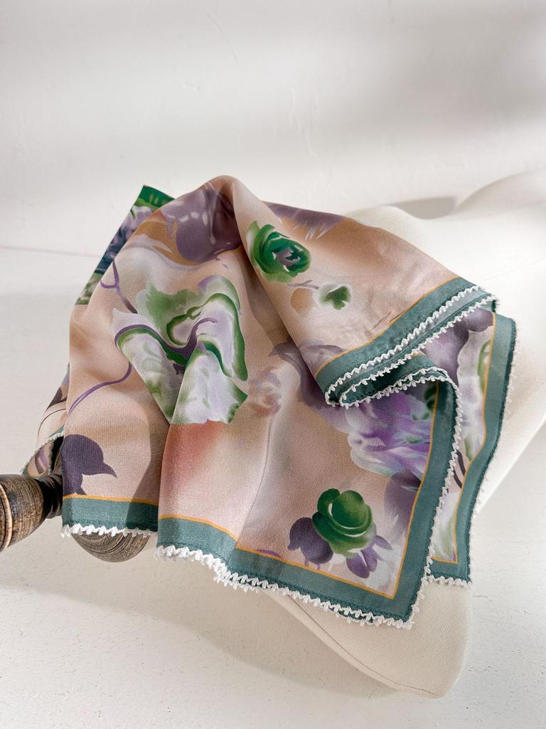Classic retro spring new 111 mulberry silk square scarf premium light luxury national style double crepe lace silk scarf women's accessories