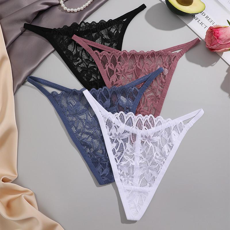 FINETOO Lace Thong For Women Sexy T-back Panty Solid Color Lingerie Floral Underwear