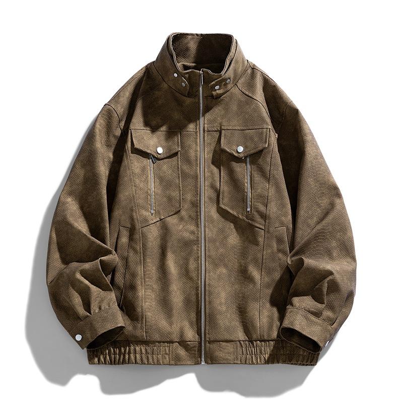 New fat plus size leather jacket men's PU leather tooling large size lizard leather jacket men's stand-up collar locomotive shake