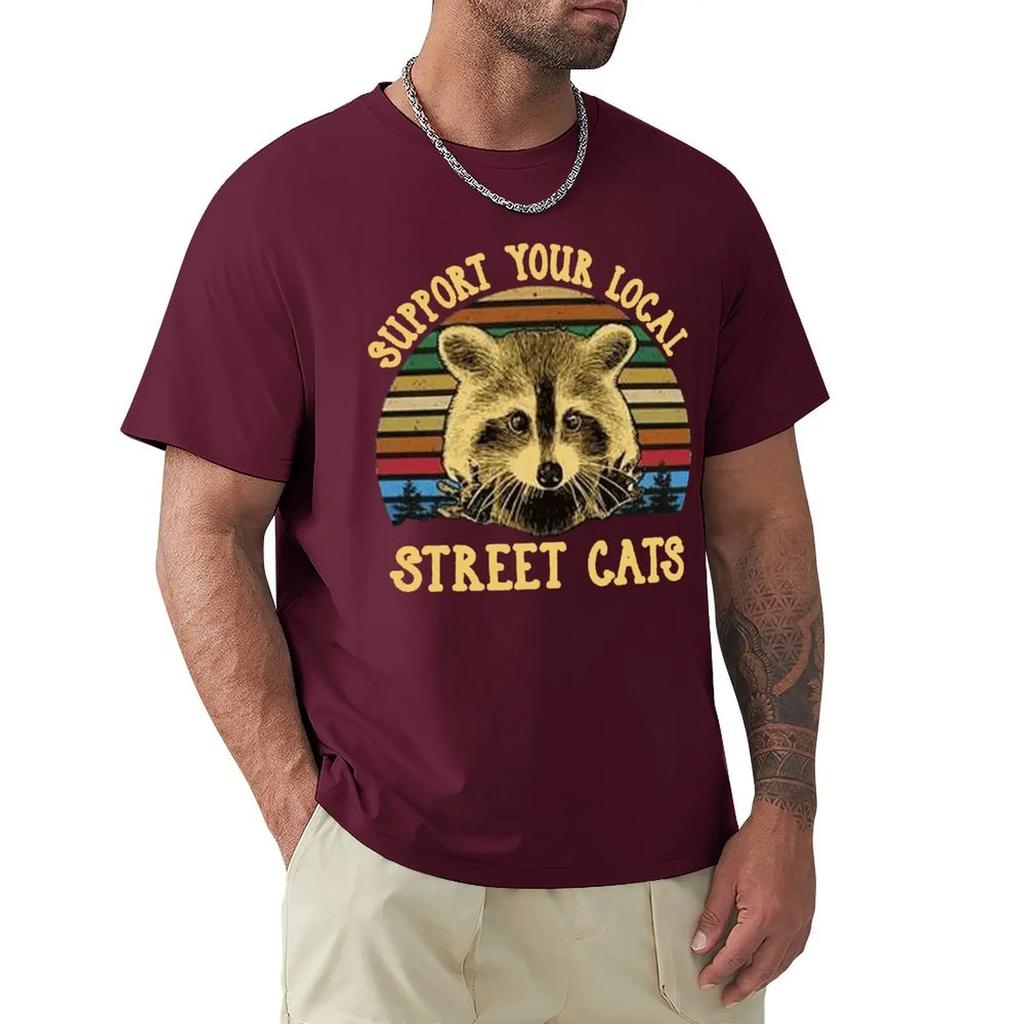 Raccoon Support Your Local Street Cats Vintage Men T-Shirt Black Cotton Unisex Loose Fit TEE Shirt