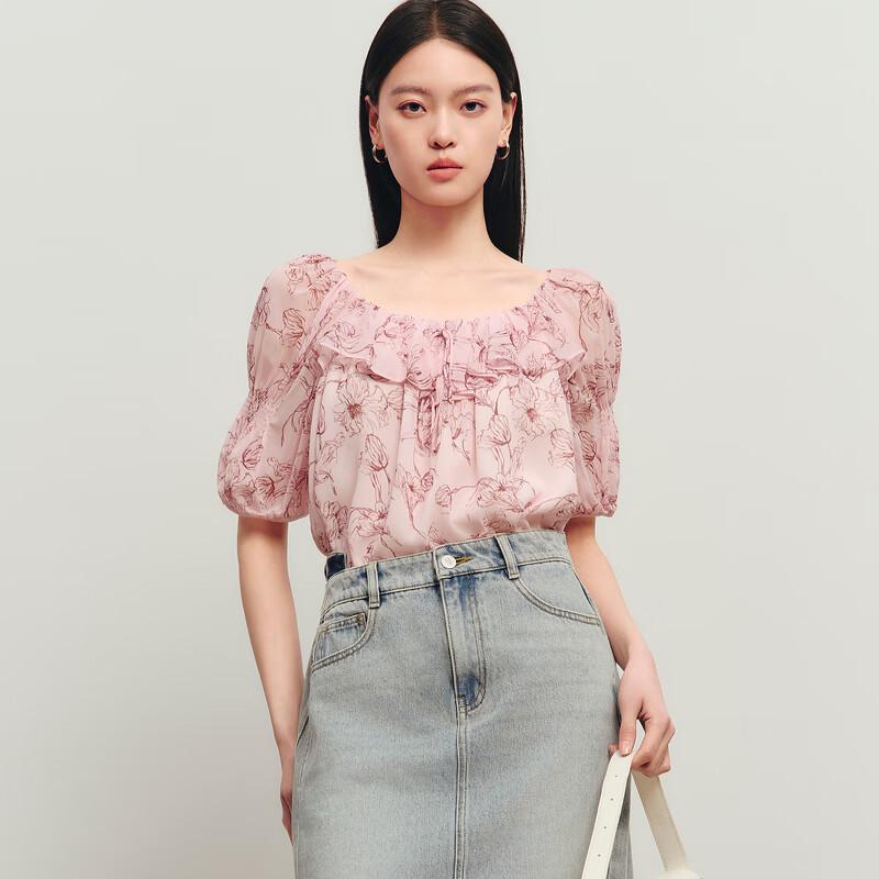 Sancai Women's Floral Print Ruffled Blouse