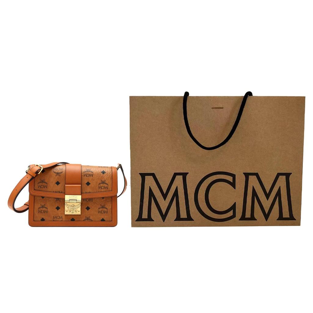 Neue MCM Tracy Visetos beschichtete Canvas mit Lederbesatz Umhängetasche Klein Damen Cognac MWSCAXT01CO001