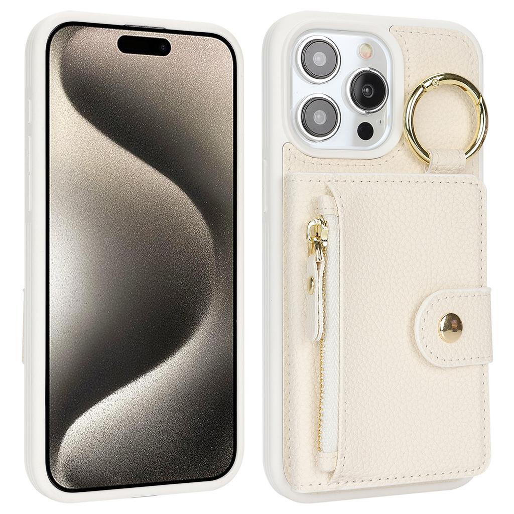 For iPhone 15 Pro Max Case Litchi Textured PU Leather + TPU Kickstand Phone Cover with Card Slot