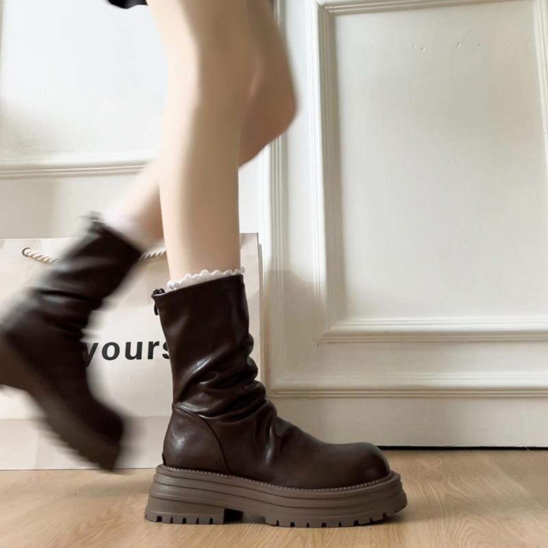 Thick-soled Heightening Maillard Pleated Elastic Boots Short Boots Women's 2025 Autumn and Winter New Stacked Martin Boots Thin Boots