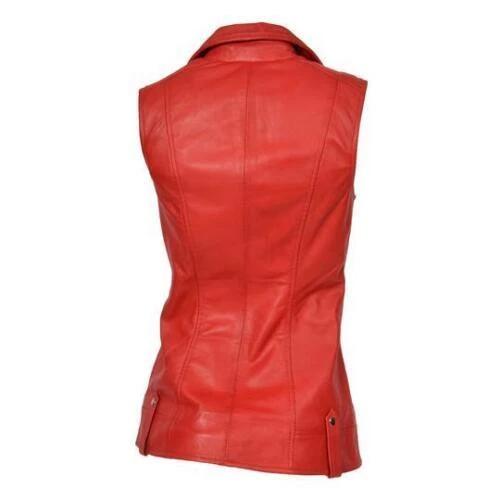 Red Fashionable Western Classic Vest Coat Lambskin Leather Women's Zipper Waistcoat