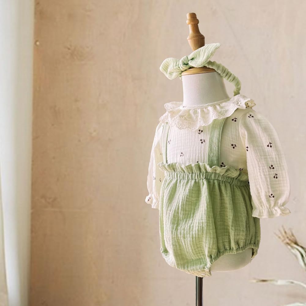 Baby Clothes Overalls Tops Clothes Bodysuit Girls Coveralls Long Sleeve Shirt Hair Accessory Set Baby Shichigosan Birthday Gift Gauze Green 90cm [Baby