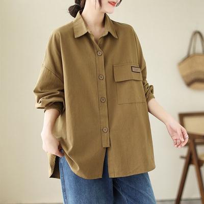 Casual Workwear Pocket Shirt Jacket Women's Loose Lapel Versatile Fashion Long Sleeve Cardigan Top