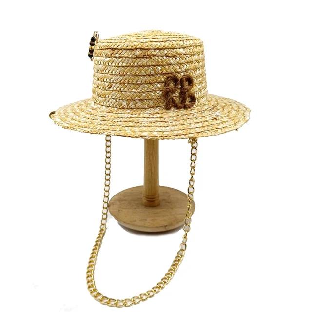 Summer Sunshade Hat Dome French Straw Hat Women's Metal Letter RB Decorative Straw Hat Holiday Sunshade Hat Punk Style Straw Hat