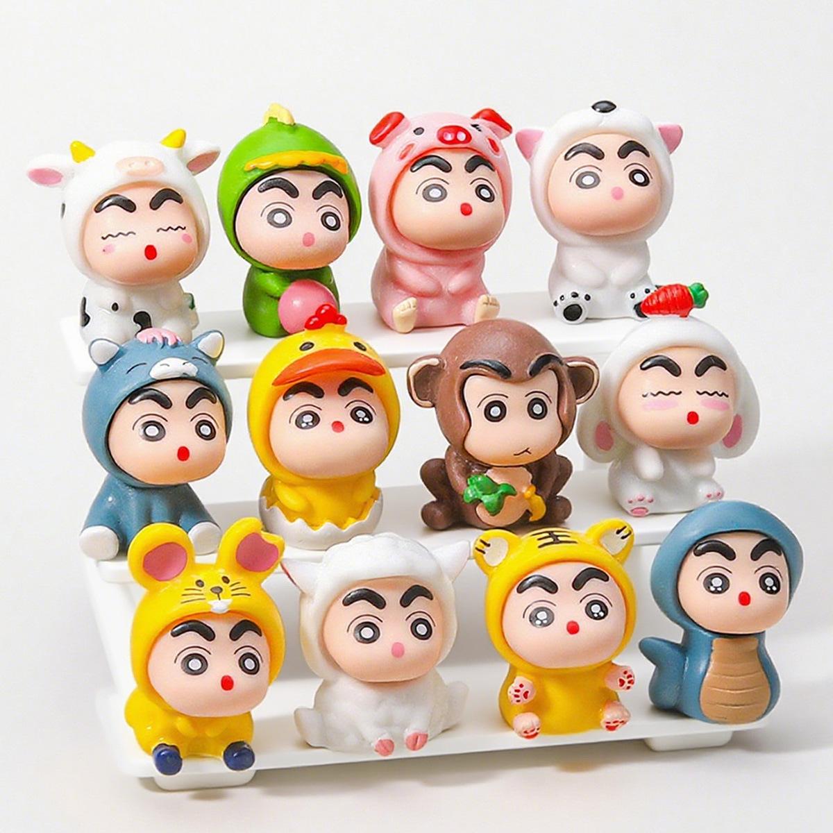 

12pcs/Set Animal Crayon Shin-chan Action Figure Mini Figurine Toy Cartoon Adorable Collectible Model Doll Fans Birth Date Gifts
