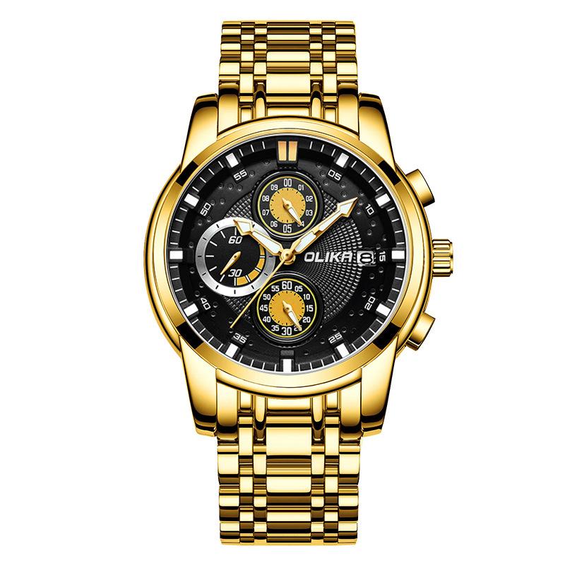 Top high-end brand men's watch waterproof multi-function chronograph quartz business solid steel band calendar watch