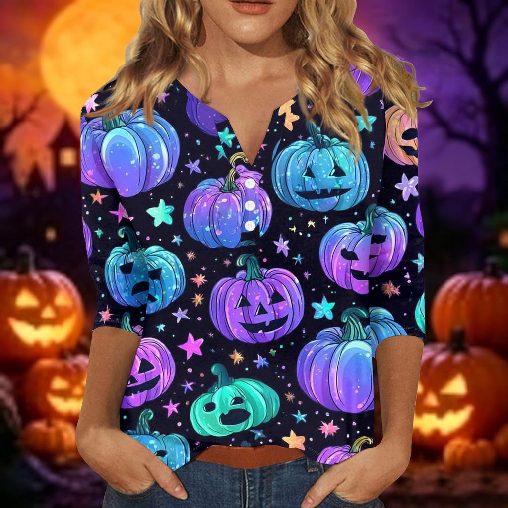 Women Casual Halloween Print V Neck Short Sleeve Button Detail Three Quarter Sleeve T Shirt Top