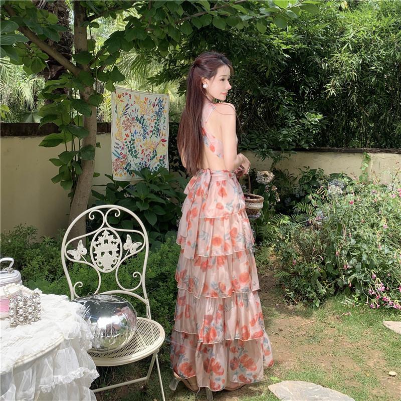 Women's Summer Waist Slimming Backless Hanging Neck Holiday Beach Ruffle Printed Long Skirt