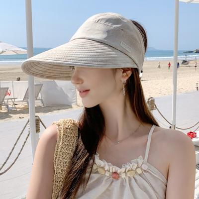 Beach Hat Large Brim Full Face Sun Protection Breathable Semi-Hollow Design Ties Foldable Hat Summer UV Blocking Ponytail Hat