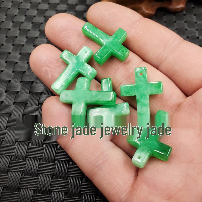 Green Jade Ganqing Cross Pendant with Pink Peach Blossom Quartzite Jade