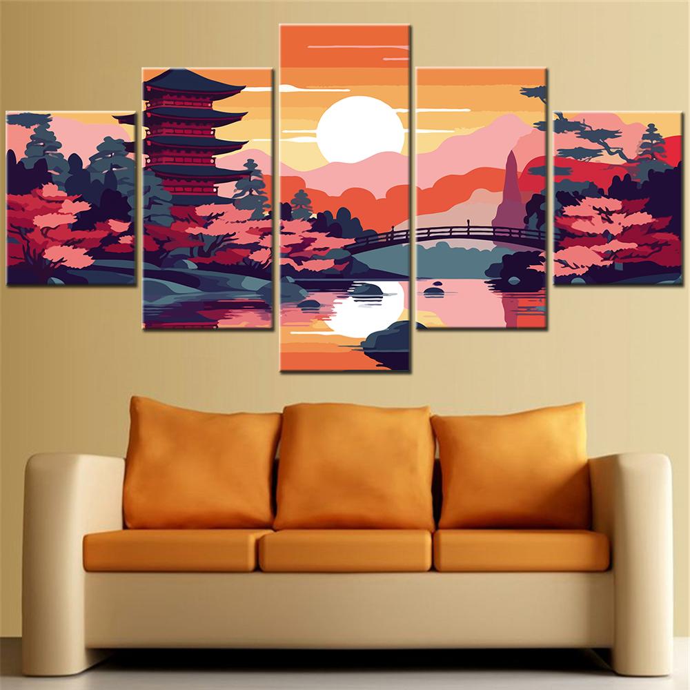 5 Piece Modular HD Printed Canvas Poster Set Abstract Cartoon Cherry Blossom Wall Art Painting for Home Decor Interior