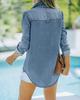 Damen Denim Button-Down Hemd Langarm Lässig Frühling Herbst Bluse Jacke mit Brusttaschen