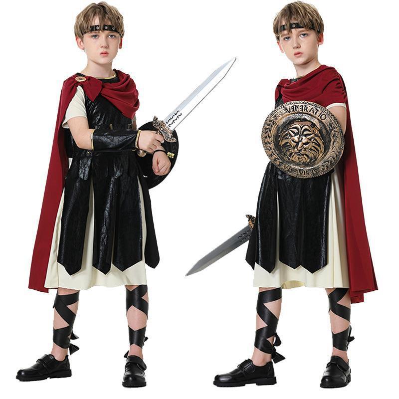 Halloween Roman Gladiator Costume Set Kids Adults Cosplay Outfit With Shield Sword Cape Arm Leg Accessories