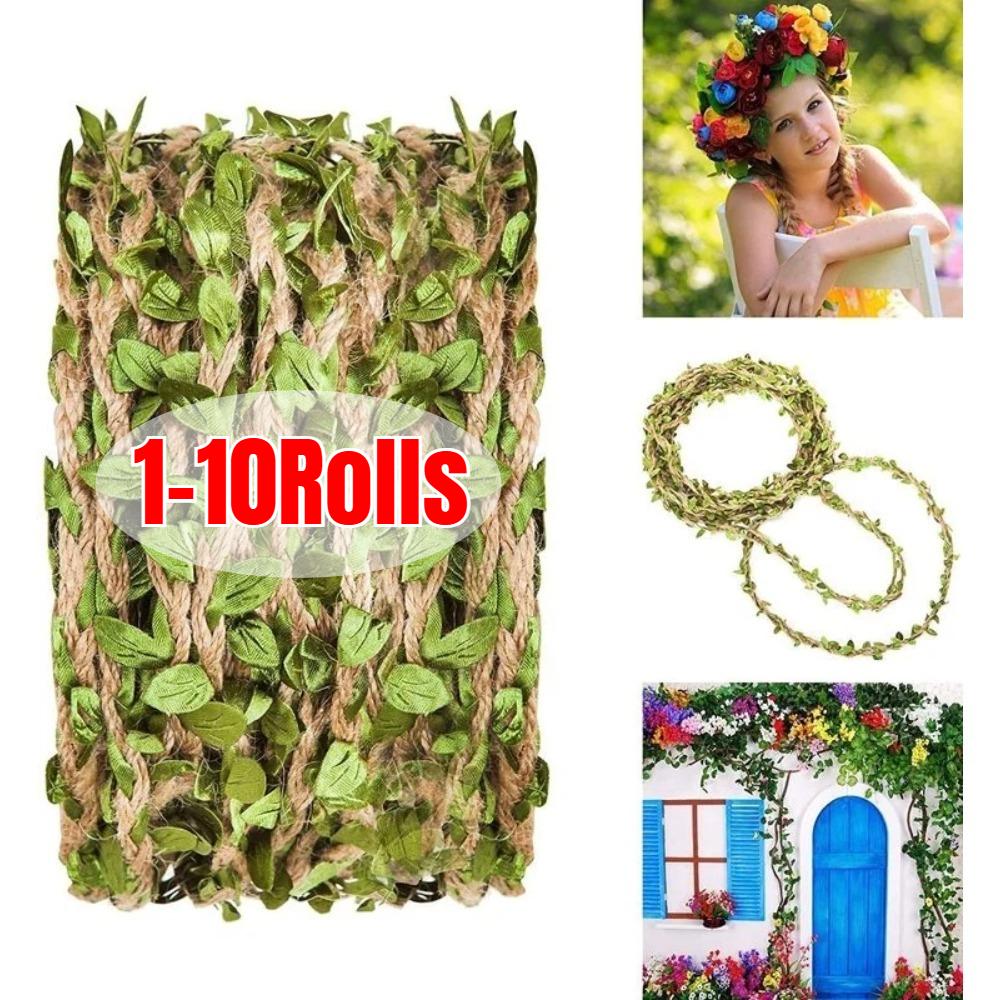 Natural Jute Twine with Artificial Green Leaves Vine, 1M/Roll Vintage Burlap Ribbon for DIY Craft Wedding Party Home Decoration