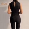 Summer Women Jumpsuit Sleeveless V Neck Slim Fit Button Decor Lace-up Strap Pure Color Wide Leg Formal Business Style Commuting Jumpsuit