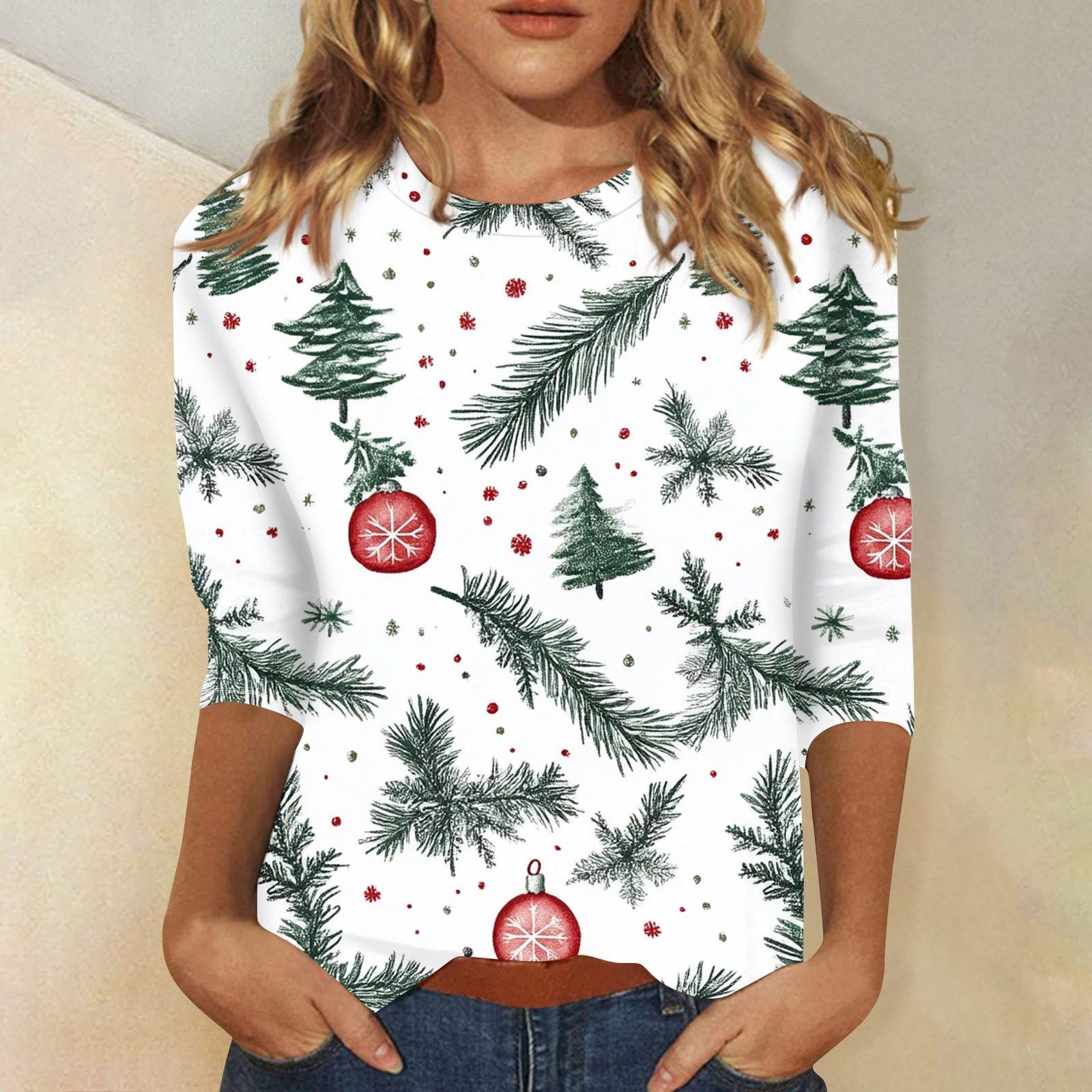 

Женская повседневная футболка с круглым вырезом и рождественским принтом снежинок, рукав три четверти, топ, пуловер XL белый