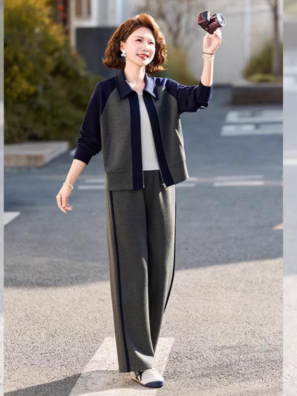 Chic Two-Piece Casual Cardigan and Straight-Leg Pants Set for Stylish Middle-Aged Moms