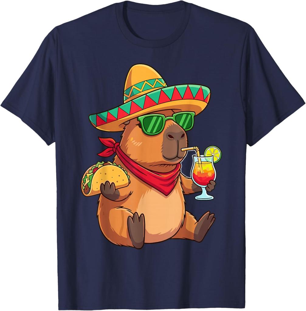 Capybara Sombrero Taco Drink Summer Fiesta Graphic Tee Shirt Casual Breathable Men