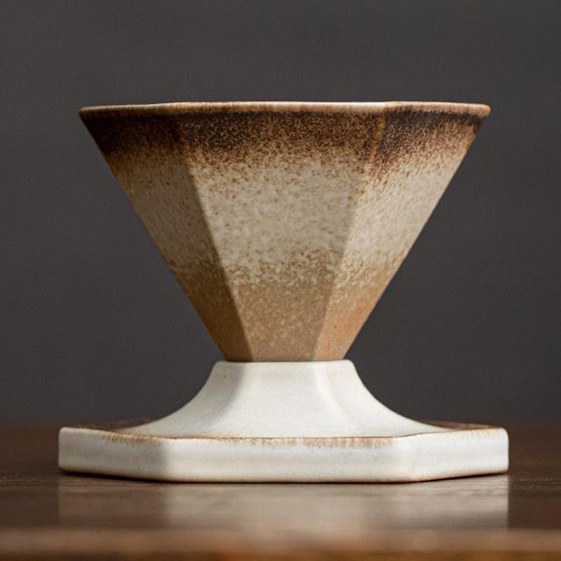 

Coarse Pottery Coffee Mug With Base, Hexagon Coffee Cup, Triangular Cone Shape Coffee Mug,Vintage Ceramic Funnel Coffee Tea Cup B