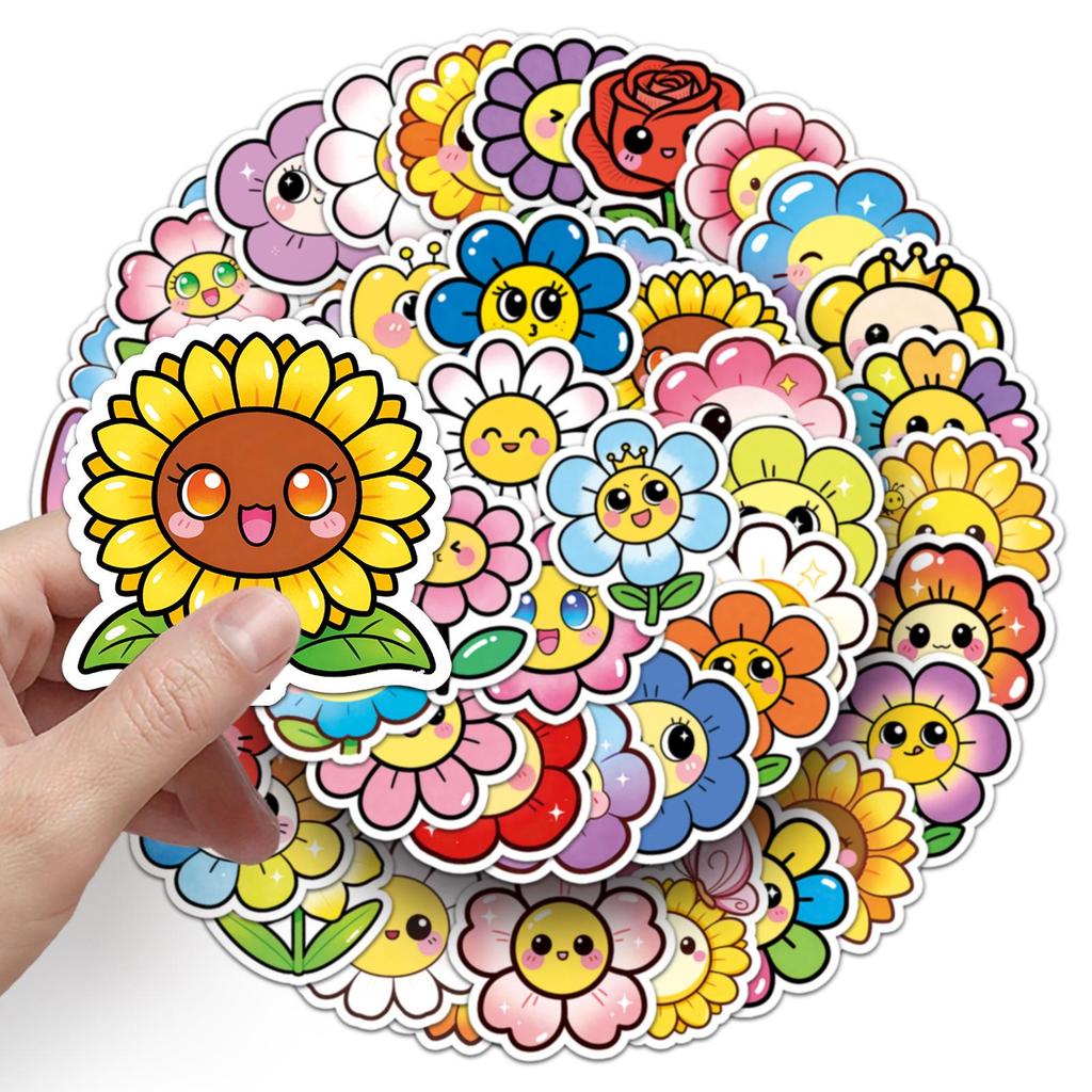 50 Colorful Hand-painted Sunflower & Smiley Face Stickers for Kids - Waterproof Decorative Reward Sheets