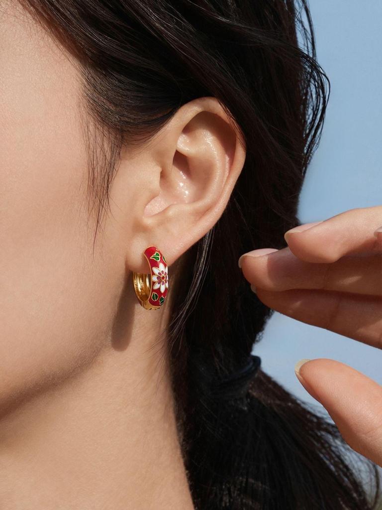 18k Gold-Plated Enamel Camellia Hoop Earrings - Stainless Steel, Fade-Resistant, Light Luxury Design