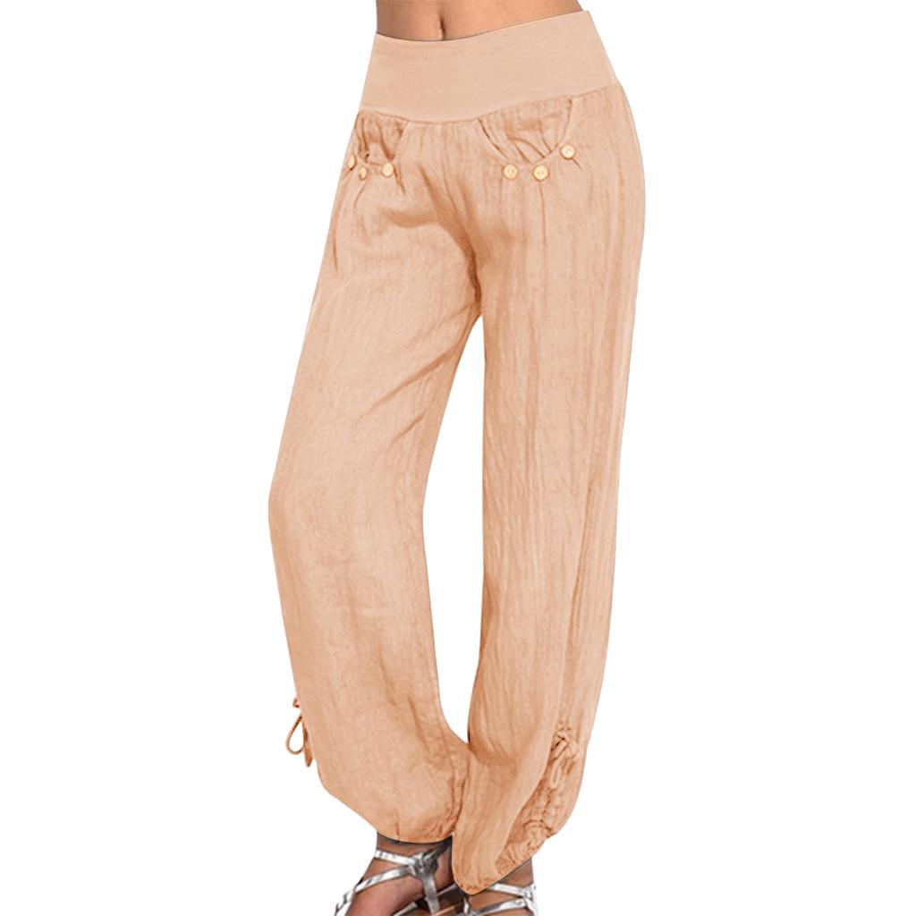 Fashion Women Solid Buttons Cotton And Linen Casual Loose Trouser Wide Leg Pants