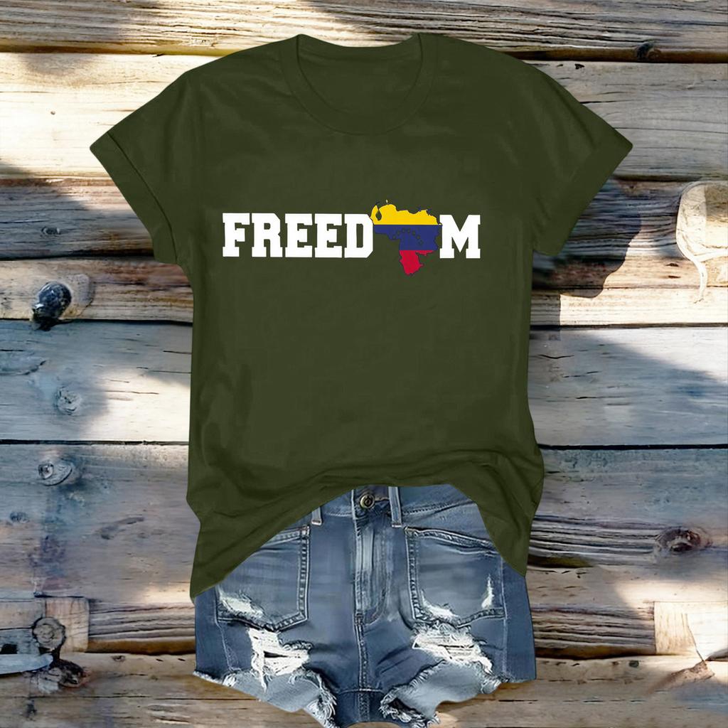 Women's Fashionable Round Neck Casual Retro Print Short Sleeved T-shirt Top